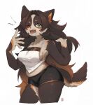  1girl absurdres animal_ears animal_nose bare_arms bare_shoulders black_hair black_shorts body_fur brown_fur cowboy_shot cropped_legs dog_ears dog_girl dog_tail fangs furry furry_female green_eyes hand_in_own_hair highres kawarage_yatano long_hair looking_at_viewer muffin_top multicolored_fur one_eye_closed open_mouth original shirt shorts simple_background sleeveless sleeveless_shirt solo spaghetti_strap standing tail tearing_up white_background white_shirt yawning 