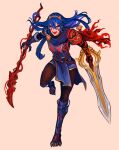 1girl absurdres adapted_costume belt blue_hair blue_scarf brown_belt brown_pantyhose commentary commission english_commentary facial_tattoo fangs fire_emblem fire_emblem_awakening full_body hair_between_eyes highres holding holding_weapon long_hair lucina_(fire_emblem) open_mouth pantyhose pelvic_curtain polearm red_eyes scarf sethkiel simple_background solo spear sword tattoo teeth tiara weapon white_background 