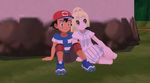  1boy 1girl black_hair blonde_hair brown_eyes green_eyes lillie_(pokemon) npc pokemon pokemon_sm satoshi_(pokemon) 