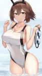  1girl absurdres bare_arms bare_legs bare_shoulders beisaku_bei blush breasts brown_hair cleavage closed_mouth commentary_request cowboy_shot green_eyes hair_between_eyes headgear highres holding kantai_collection large_breasts mutsu_(kancolle) one-piece_swimsuit short_hair smile solo swimsuit wading water white_one-piece_swimsuit 