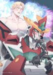  3boys ao_isami bara black_hair blank_eyes blonde_hair blood bravern carrying carrying_person collarbone couple cropped_torso explosion facial_hair haruri_fbje heart highres kiss large_pectorals lewis_smith male_focus mecha multiple_boys muscular muscular_male nosebleed nude pectorals pilot_suit projected_inset robot short_hair sideburns_stubble spoilers stubble twitter_username yaoi yuuki_bakuhatsu_bang_bravern 