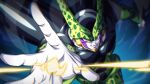  1boy cell_(dragon_ball) closed_mouth colored_skin commentary_request dragon_ball dragon_ball_z energy_beam looking_at_viewer male_focus perfect_cell pink_eyes rom_(20) smile solo white_skin 