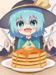 1girl :d absurdres black_hat blush_stickers butter buttons commentary_request diamond_button drooling food fork frilled_shirt_collar frills green_eyes green_hair hat hat_ribbon high_meron highres holding holding_fork komeiji_koishi long_sleeves mouth_drool open_mouth pancake pancake_stack plate ribbon shirt smile sparkle sparkling_eyes sun_hat syrup touhou upper_body wide_sleeves yellow_ribbon yellow_shirt 