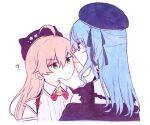  2girls ? ahoge animal_hat bell beret black_beret black_dress blue_eyes blue_hair blue_jacket blue_ribbon blush bow bowtie cat_hat closed_mouth clothing_cutout collared_shirt dress eye_contact green_eyes hair_between_eyes hair_ribbon hand_on_another&#039;s_cheek hand_on_another&#039;s_face hat highres hololive hoshimachi_suisei hoshimachi_suisei_(streetwear) jacket jingle_bell lace_sleeves long_hair looking_at_another micomet_(hololive) multiple_girls nail_polish neck_bell official_alternate_costume pink_hair pink_nails red_bow red_bowtie ribbon sakura_miko sakura_miko_(casual) shirt short_sleeves shoulder_cutout simple_background smile two-sided_fabric two-sided_jacket upper_body virtual_youtuber white_background white_shirt yumi5469 yuri 