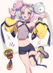  1girl adapted_costume alternate_hair_length alternate_hairstyle arms_up black_shorts bob_cut bow-shaped_hair breasts crop_top grey_hair grey_shirt hair_ornament highres iono_(pokemon) jacket looking_at_viewer miri_(cherryjelly) multicolored_hair navel open_clothes open_jacket open_mouth pink_eyes pink_hair pokemon pokemon_sv sharp_teeth shirt shoes short_hair short_shorts shorts sleeveless sleeveless_shirt small_breasts sneakers tadbulb teeth two-tone_hair undersized_clothes upper_teeth_only yellow_jacket 