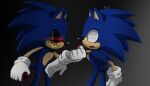  anthro arm_grab blood blue_body blue_fur bodily_fluids clothing creepy creepypasta demonic duo eulipotyphlan evil_grin eye_contact fur gloves gradient_background handwear hedgehog horror_(theme) looking_at_another male mammal nightmare_fuel red_eyes risziarts sega simple_background smile sonic.exe sonic.exe_(creepypasta) sonic_the_hedgehog sonic_the_hedgehog_(series) 