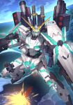  absurdres commentary_request explosion full_armor_unicorn_gundam gatling_gun gun gundam gundam_unicorn highres holding holding_gun holding_shield holding_weapon mecha mecha_focus missile_pod mobile_suit no_humans nt-d robot shield uedrk_yamato unicorn_gundam v-fin weapon 