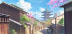  absurdres blue_sky building cherry_blossoms cherry_tree cloud highres japan landscape mountain no_humans original outdoors pagoda road scenery sky street temple tree vanishing_point window yosanann 