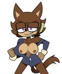  2017 anthro areola big_breasts black_nose bottomless breasts brown_fur canine chest_tuft clothed clothing exposed_breasts eyewear female flashing fur glasses gloves headgear jacket looking_at_viewer mammal miscon nipples partially_clothed pointy_ears purple_eyes seductive sheila_the_wolf smile smirk solo sonic_(series) sonic_forces tuft wolf 