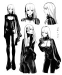  1girl absurdres artist_name breasts cleavage cleavage_cutout clothing_cutout commentary english_commentary from_behind full_body gloves greyscale highres hime_cut long_hair looking_at_viewer looking_to_the_side monochrome multiple_views original pants profile standing uqi32 