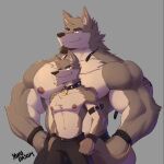  2023 after_transformation anthro bongo_(yongdasom) bottomwear canid canine canis chin_piercing clothing collar countershading facial_hair goatee male mammal muscular muscular_anthro muscular_male nipples pants pecs shirtless signature solo wolf yongdasom 