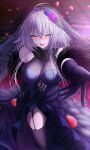  1girl bare_shoulders black_dress black_thighhighs blush breasts dress fate/grand_order fate_(series) feather_boa grey_hair highres jeanne_d&#039;arc_alter_(avenger)_(fate) jeanne_d&#039;arc_alter_(fate) large_breasts long_hair open_mouth penguintake revision solo thighhighs thighs very_long_hair yellow_eyes 
