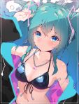  1girl aqua_hair bikini black_bikini blush breasts closed_mouth collarbone commentary_request detached_sleeves front-tie_bikini_top front-tie_top halkawa501 hatsune_miku highres jewelry long_hair looking_at_viewer necklace small_breasts solo swimsuit twintails upper_body very_long_hair vocaloid wide_sleeves 