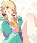  1girl bare_legs blonde_hair blue_skirt blush braid fang feet_out_of_frame fujita_kotone gakuen_idolmaster hair_ribbon heart heart_hands highres idolmaster jacket knees_together_feet_apart knees_up long_sleeves looking_at_viewer multicolored_clothes multicolored_jacket patterned_background plaid plaid_skirt pleated_skirt ribbon sasanoha_(sasanoha0712) shirt skin_fang skirt smile solo star_(symbol) twin_braids yellow_eyes yellow_shirt 