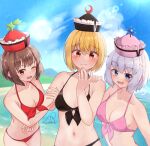  3girls :d ;d alternate_costume arm_hug beach bikini black_bikini black_hat blonde_hair blue_eyes blue_sky blush breasts cleavage closed_mouth collarbone commentary_request cowboy_shot crescent crescent_hat_ornament day fingernails frilled_hat frills grey_hair hair_between_eyes hand_on_another&#039;s_shoulder hand_on_own_chin hand_up hat hat_ornament highres lens_flare looking_at_viewer lunasa_prismriver lyrica_prismriver medium_breasts merlin_prismriver multiple_girls navel ocean one_eye_closed open_mouth orange_eyes outdoors paid_reward_available partial_commentary pink_bikini pink_hat red_bikini red_hat rital short_hair siblings signature sisters sky smile split_mouth standing star_(symbol) sunlight swimsuit touhou water 