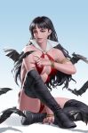  1girl bat_(animal) black_footwear black_hair blue_background boots breasts clothing_cutout collar earrings gold_bracelet grey_eyes highres jewelry large_breasts long_hair looking_at_another navel_cutout one-piece_swimsuit red_nails red_one-piece_swimsuit sitting solo swimsuit thigh_boots vampirella vampirella_(character) white_collar yoon_junggeun 