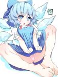  1girl ? barefoot blue_bow blue_dress blue_eyes blue_hair blush bow cirno collared_shirt detached_wings dress fairy feet hair_bow ice ice_wings looking_at_viewer open_mouth panties polpol puffy_short_sleeves puffy_sleeves shirt short_sleeves simple_background solo spoken_question_mark toes touhou underwear white_background white_panties white_shirt wings 