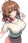  1girl breasts brown_eyes brown_hair commentary_request gakuen_idolmaster hanami_ume highres idolmaster kibihimi large_breasts looking_at_viewer medium_hair open_mouth shirt solo striped_clothes striped_shirt teeth translation_request upper_teeth_only 