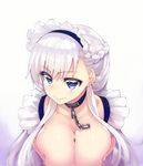  :&gt; akino_sora asymmetrical_bangs azur_lane bangs belfast_(azur_lane) blue_eyes braid breast_squeeze breasts chain closed_mouth collar collarbone commentary_request eyebrows_visible_through_hair frills half_updo large_breasts lips long_hair looking_at_viewer maid maid_headdress simple_background smile solo upper_body white_background 