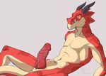  anthro anus armor black_horn brawlhalla clothing dragon draw_me_like_one_of_your_french_girls horn knot loincloth looking_at_viewer lying male nude penis ragnir_brawlhalla red_scales repzzmonster ribbed_penis scales simple_background slim solo teeth 