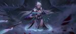  1girl absurdres alternate_costume blue_eyes blurry blurry_background breasts circlet cleavage fog headpiece highres irelia league_of_legends lily_pad lipstick long_hair looking_at_viewer makeup outdoors solo spirit_blossom_(league_of_legends) standing sword takamitsu-kun thighhighs tree very_long_hair wading weapon white_hair white_thighhighs wide_sleeves 