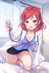  1girl :d barefoot bed blush breasts cleavage collarbone doctor highres holding holding_stethoscope indoors infirmary lab_coat leaning_forward looking_at_viewer love_live! love_live!_school_idol_project medium_breasts medium_hair miniskirt nishikino_maki on_bed open_mouth pencil_skirt purple_eyes red_hair skirt smile solo stethoscope thighs tsukimi_seiya window 