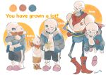  2boys =_= age_progression aged_down bird bird_on_hand black_sclera black_shorts blue_jacket boots brothers cape carrying carrying_person carrying_under_arm child closed_eyes color_guide colored_sclera colored_skin drawstring english_text full_body gloves grin gumo_(gumo32) hand_in_pocket hand_on_own_hip height_difference highres hood hood_down hooded_jacket jacket knee_boots male_focus multiple_boys multiple_views one_eye_closed open_clothes open_jacket open_mouth papyrus_(undertale) pink_footwear red_cape red_footwear red_gloves red_shorts sans_(undertale) shirt shorts siblings simple_background skeleton slippers smile socks standing undertale white_background white_shirt white_skin white_socks 