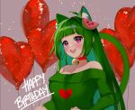  1girl animal_ear_fluff animal_ears balloon bell blunt_bangs breasts brown_background cat_ears cat_girl cat_tail choker commission green_fur green_hair happy_birthday heart_balloon honeykub indie_virtual_youtuber jingle_bell large_breasts neck_bell off-shoulder_sweater off_shoulder open_mouth pink_eyes red_choker sidelocks skeb_commission smile solo sweater tail teeth upper_body upper_teeth_only vanna_melon virtual_youtuber 