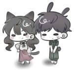  1boy 1girl animal_ears animal_hands barefoot black_hair black_ribbon blush_stickers cat_ears cat_girl cat_paws cat_tail chibi commentary fear_&amp;_hunger fear_&amp;_hunger_2:_termina frilled_shirt_collar frills green_jumpsuit hair_between_eyes hand_on_own_hip jumpsuit levi_(fear_&amp;_hunger) long_hair long_skirt long_sleeves marina_(fear_&amp;_hunger) mouth_piercing neck_ribbon pink_skirt rabbit_boy rabbit_ears rabbit_paws rabbit_tail ribbon shirt shirt_tucked_in short_hair simple_background skirt smile solid_oval_eyes ss2ba1 standing sweat tail twintails v_arms white_background white_shirt 