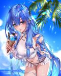  1girl :p arm_behind_back artist_name bare_shoulders bikini blue_eyes blue_hair blue_horns blue_sky breasts cleavage commentary cowboy_shot criss-cross_straps english_commentary facial_mark flower food hair_between_eyes hair_flower hair_ornament heart heart_facial_mark highres holding holding_ice_cream_cone horns ice_cream ice_cream_cone jewelry large_breasts leaning_forward light_blush long_hair looking_at_viewer navel necklace original outdoors palm_tree ringeko-chan see-through see-through_cleavage see-through_sleeves skindentation sky small_horns solo standing stomach swimsuit thigh_strap tongue tongue_out tree very_long_hair white_bikini white_sleeves 