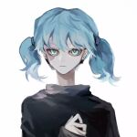  1boy black_sweater blue_eyes blue_hair ear_piercing hand_up limefruityummy looking_at_viewer male_focus mask piercing sal_fisher sally_face short_twintails simple_background solo sweater twintails upper_body white_background 