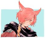  1boy animal_ears archon_mark black_scarf blue_background blush border cat_ears eyes_visible_through_hair facial_mark final_fantasy final_fantasy_xiv g&#039;raha_tia hair_ornament hair_over_one_eye hatching_(texture) itowo_(itowc) looking_at_viewer male_focus miqo&#039;te neck_tattoo outside_border portrait red_eyes red_hair scarf short_hair simple_background slit_pupils smile solo swept_bangs tattoo white_border x_hair_ornament 