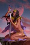  1girl barsoom black_hair breasts cape clothing_request cloud colored_skin dejah_thoris highres holding holding_sword holding_weapon kneeling long_hair medium_breasts moon outdoors pasties pelvic_curtain pink_skin purple_cape red_moon sandals solo sword tiara weapon yoon_junggeun 