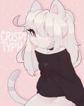 1girl animal_ears artist_name black_sweater blush breasts expressionless furry furry_female hair_over_one_eye highres long_hair looking_at_viewer medium_breasts naomi_(typh) off_shoulder original pink_background sitting solo sweater tail typh 