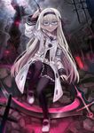  blonde_hair blue_eyes cloud cloudy_sky commentary glasses gretel_(mary_skelter) hairband hiirotaka long_hair looking_at_viewer mary_skelter pantyhose polearm scythe skirt sky smile solo weapon 