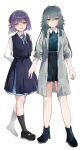  2girls absurdres arms_behind_back black_skirt blue_overskirt blue_ribbon blue_skirt blue_vest blush coat flower full_body gakuen_idolmaster green_eyes green_hair green_shirt grey_coat hair_flaps hair_flower hair_ornament hataya_misuzu hatsuboshi_gakuen_school_uniform highres idolmaster long_hair looking_at_viewer mole mole_under_mouth multiple_girls neck_ribbon pleated_skirt purple_hair ribbon school_uniform shirt short_hair simple_background skirt smile tor1goe tsukimura_temari very_long_hair vest white_background white_shirt 