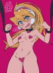  1girl absurdres blonde_hair blue_eyes blush breasts buzzlyears ciel_(mega_man) collarbone cowboy_shot heart_maebari heart_pasties helmet high_ponytail highres long_hair maebari mega_man_(series) mega_man_zero_(series) navel nude paid_reward_available pasties pink_background pink_helmet restrained ringed_eyes simple_background small_breasts solo 