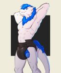  2024 abs anthro athletic athletic_anthro athletic_male black_diaper blue_body blue_fur blue_penis blue_sclera clean_diaper clothed clothing diaper diaper_only fur genitals hand_behind_head hi_res horn male no_pupils pecs penis snubby solo syeenyeen topless white_body wickerbeast 
