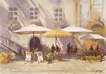  6+others cafe chair day multiple_others nara_watercolor original painting_(medium) plant potted_plant scenery shadow sunlight table traditional_media umbrella_stand watercolor_(medium) 