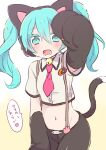  1girl animal_ear_headphones animal_ears animal_hands azurite0012 bell blue_eyes blue_hair cat_ear_headphones cat_tail collared_shirt crop_top fake_animal_ears gloves hatsune_miku headphones long_hair looking_at_viewer midriff navel neck_bell necktie nyan_ko_(module) open_mouth pants paw_gloves project_diva_(series) shirt short_sleeves solo suspenders tail translation_request twintails vocaloid 