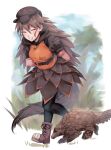  1girl animal animal_ears arms_behind_back boots brown_hair brown_shirt brown_skirt cabbie_hat closed_eyes creature_and_personification extra_ears full_body hat hood hood_down hooded_shirt kemono_friends kemono_friends_3 leaning_forward long_hair orange_shirt pangolin pangolin_ears pangolin_tail pantyhose parted_lips pocket puffy_short_sleeves puffy_sleeves saba_ru shirt short_sleeves skirt smile tail temminck&#039;s_pangolin_(kemono_friends) two-tone_shirt very_long_hair walking zipper_pull_tab 