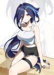  1girl absurdres alternate_costume bare_arms bare_shoulders black_shorts blue_hair breasts clorinde_(genshin_impact) genshin_impact hair_intakes highres katr5878 large_breasts long_hair looking_at_viewer midriff navel purple_eyes short_shorts shorts sitting tank_top thigh_strap thighs very_long_hair white_background white_tank_top zoom_layer 