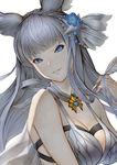  animal_ears bangs bare_shoulders blue_eyes blunt_bangs breasts cleavage granblue_fantasy hair_ornament head_tilt highres korwa large_breasts lips long_hair looking_at_viewer parted_lips pink_lips shimashima_(simasima_23) silver_hair simple_background smile solo upper_body white_background 