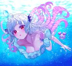  1girl absurdres air_bubble blush blush_stickers breasts bubble commentary_request freediving futayamam2 gradient_hair grey_hair highres indie_virtual_youtuber large_breasts looking_at_viewer multicolored_hair old_school_swimsuit open_mouth pink_hair red_eyes school_swimsuit solo suou_patra swimming swimsuit two_side_up underwater virtual_youtuber 