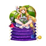  1girl alternate_color barefoot blonde_hair crossed_arms cuffs fang full_body game_cg gourd green_skirt highres horn_ornament horn_ribbon horns ibuki_suika ibuki_suika_(verdant_green_kishin) long_hair looking_at_viewer official_art open_mouth ribbon rotte_(1109) shackles shirt simple_background sitting skirt solo third-party_source torn_clothes torn_shirt touhou touhou_lostword white_background white_shirt wrist_cuffs yellow_eyes 
