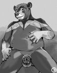  2024 anthro balls bear chastity_cage chastity_device claws dbruin genitals grin hand_on_belly hi_res low-angle_view male mammal moobs navel nude penis sketch slightly_chubby smile solo standing 