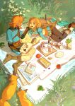  1boy 1girl 1other absurdres apple basket black_pants blonde_hair blue_shirt book boots bottle braid brown_pants cake champion&#039;s_tunic_(zelda) crown_braid day facing_away feeding flower food fox frog from_above fruit grass hair_ornament hairclip highres holding holding_tray korok link looking_at_another lying on_ground open_book open_mouth outdoors pants pointy_ears princess_zelda red_apple saucer shirt short_hair short_ponytail sidelocks signature sitting the_legend_of_zelda the_legend_of_zelda:_tears_of_the_kingdom towel tray yokozuwari yushx31 