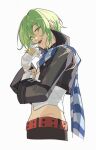  1boy ao_no_kiseki crop_top cropped_jacket double-parted_bangs eien_galaxy_ko eiyuu_densetsu falcom from_side gloves green_hair hair_between_eyes highres looking_at_viewer navel scarf short_hair simple_background smile solo upper_body wazy_hemisphere white_background white_gloves zero_no_kiseki 
