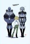  1girl 1other androgynous ass bent_over blonde_hair breasts crotch crotch_seam doll_joints hair_over_eyes highres joints medium_breasts namaniku_atk original pussy robot_girl robot_joints short_hair sidelocks simple_background tall_female white_background 