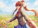  bad_id bad_tumblr_id bangs blue_skirt blue_sky brown_hair collared_shirt commentary_request day deviantart_username doki_doki_literature_club field fingernails flower flower_field green_eyes grey_jacket hair_ribbon holding_hand jacket long_hair long_sleeves looking_at_viewer monika_(doki_doki_literature_club) neck_ribbon out_of_frame outdoors parted_lips patreon_username pleated_skirt ponytail pov pov_hands red_neckwear red_ribbon red_vest ribbon sciamano240 shirt skirt sky smile solo_focus standing vest white_ribbon white_shirt wing_collar 